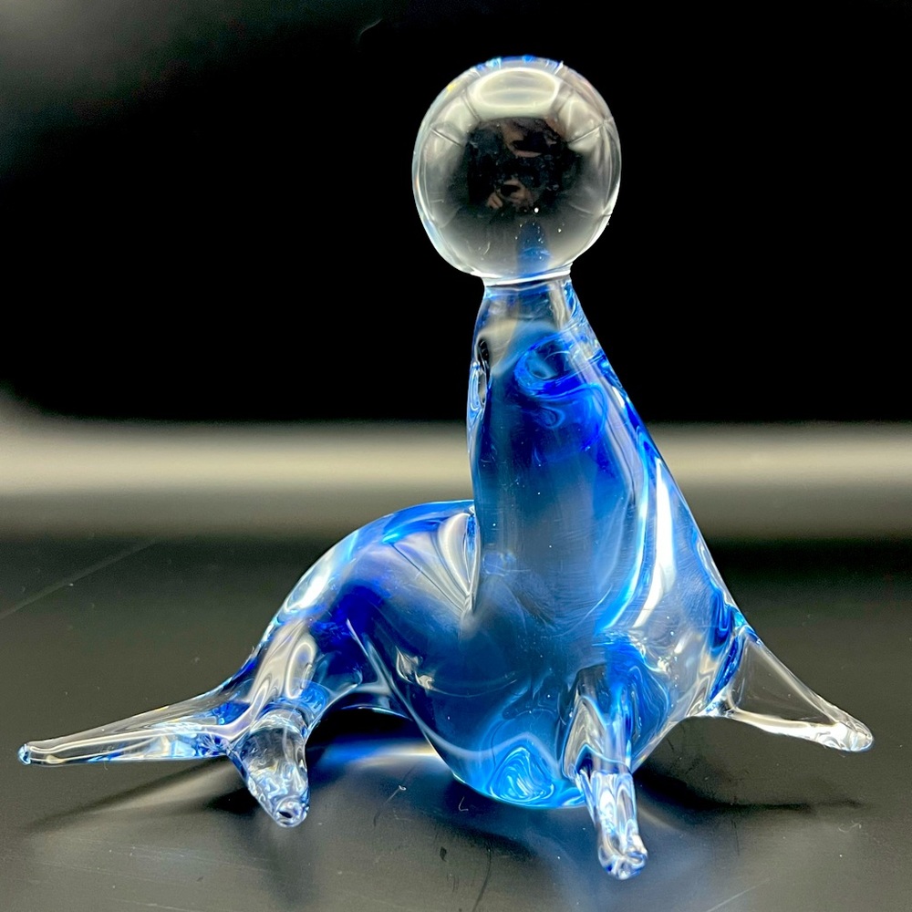Art Glass Seal with Ball Paperweight | Blue and Clear Figurine
